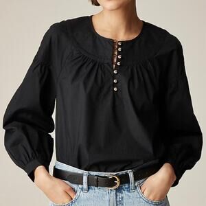 J.Crew Shirred Popover Top Cotton Poplin Long Sleeve Office Date CI522 Black XXS